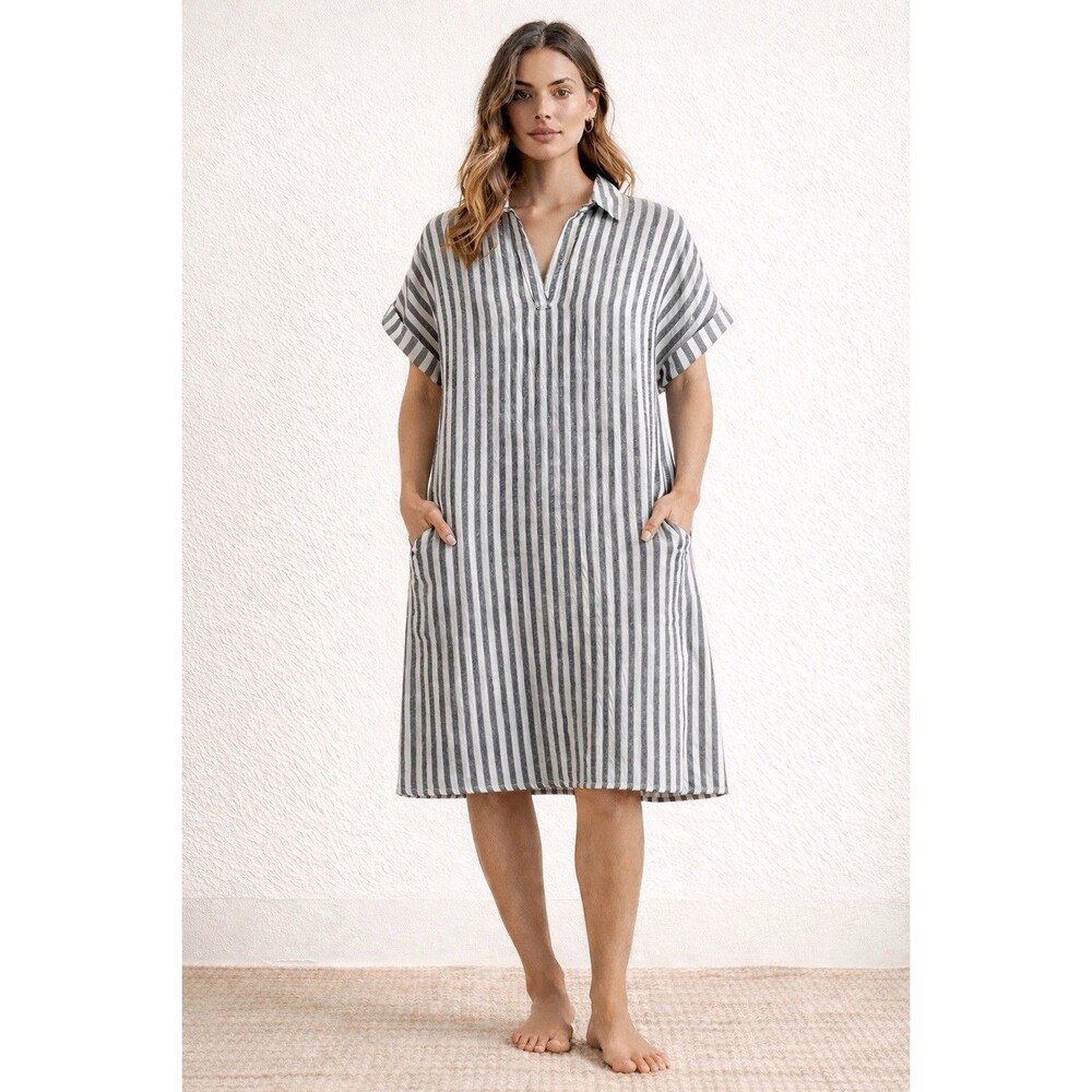 SOFT SURROUNDINGS White Black Striped linen midi‎ Dress Pockets 1X Lagenlook